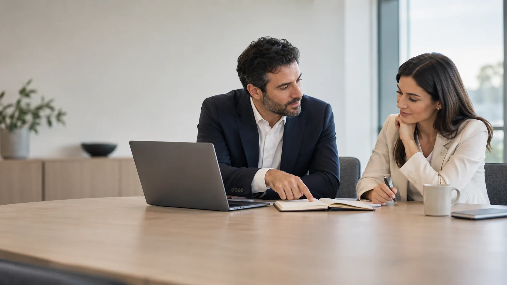 Two professionals discussing a suggestion during a workplace meeting
