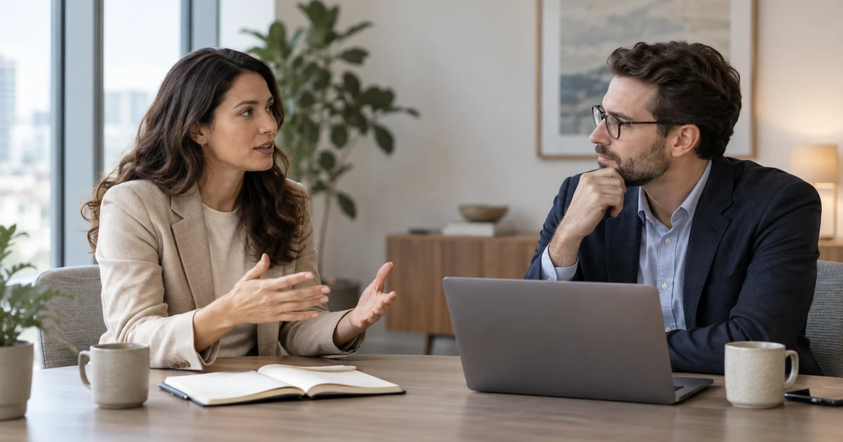 Two professionals having a respectful discussion across an office table while one speaks and the other listens attentively.