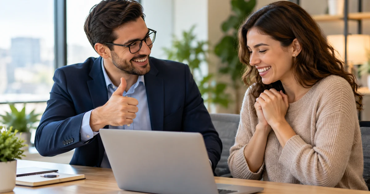 Alt text: Two colleagues smiling at a laptop in a modern office as one gives a thumbs-up to celebrate successful work.