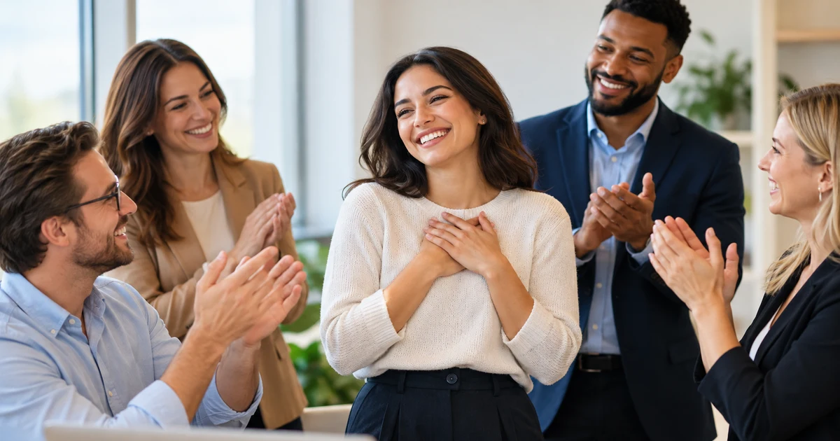 Alt text: Colleagues warmly celebrating a coworker’s achievement in a bright modern office.